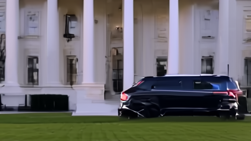 The South Portico of the White House at twilight, a single black SUV parked at the curb, no people.