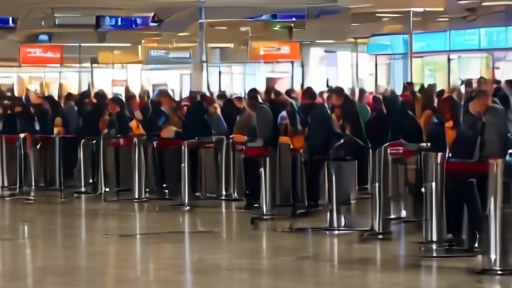 A crowded TSA checkpoint at a large American airport on the Thursday before Memorial Day, passengers in long queues under high windows.
