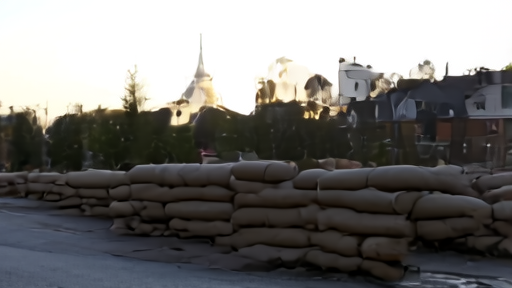 A quiet residential street in Kyiv at dawn, sandbags still stacked at the corner of a building, no people.
