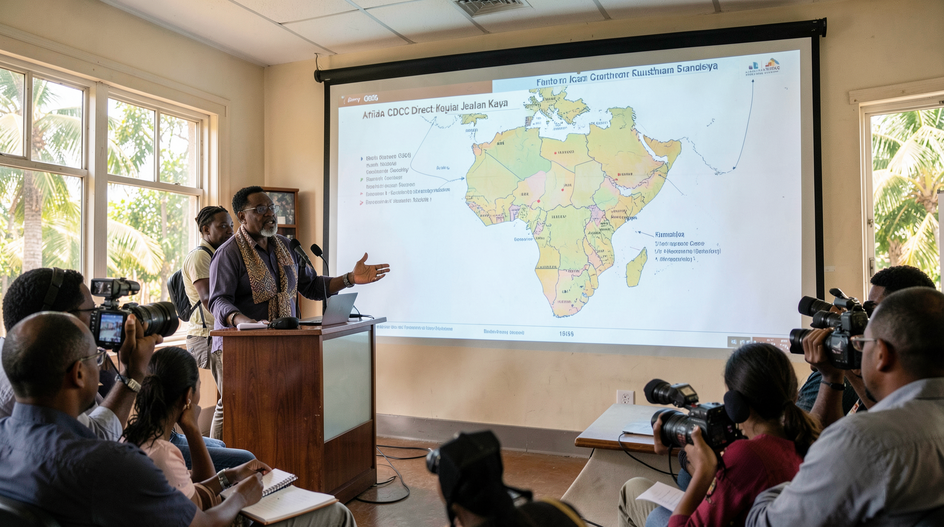 Africa CDC Director-General Jean Kaseya gestures toward a projected map showing ten African countries at a Kampala press briefing; reporters take notes in the foreground.