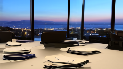 A San Francisco glass conference room at dusk, term sheets stacked at one end of the table, the Bay Bridge visible through floor-to-ceiling windows