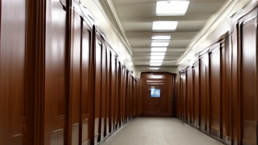 An empty Senate office hallway in the Russell Building on a Sunday morning, fluorescent lighting on closed mahogany doors.
