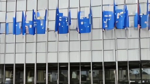 European Commission Berlaymont building exterior on a quiet Sunday, EU flags hanging limp at the entrance, no visitors.