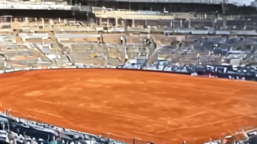 Court Philippe-Chatrier from the upper deck on opening day at Roland Garros, the clay raked and the umpire's chair empty, the stands filling for the first match