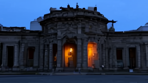 The Hyderabad House facade in New Delhi at dusk, with the colonial-era stone arches in shadow and a single light burning in an upstairs window.