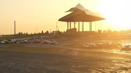 Caitlin Clark in white at the start-finish line at the Indianapolis Motor Speedway pagoda, with the 33-car field lined up behind her at dawn