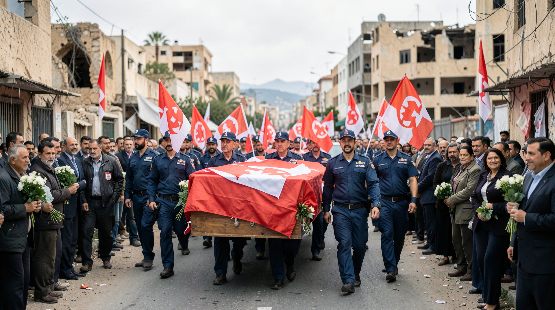 Pallbearers in Lebanese Red Crescent uniforms carry six coffins through a Tyre street; mourners line the road with white flowers, hospital rubble visible in the distance.