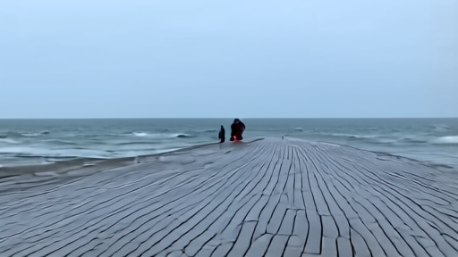 A nearly empty boardwalk along the Mid-Atlantic coast on a gray Sunday morning, drizzle on the planks, gray-green chop on the ocean behind.