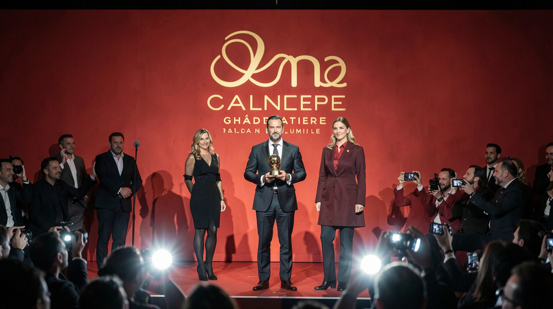 Cristian Mungiu, Sebastian Stan and Renate Reinsve hold the Palme d'Or trophy onstage at the Grand Théâtre Lumière in Cannes, photographers' flashes whitening the foreground.