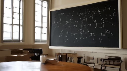 A Sunday-afternoon university common room with a chalkboard showing scattered unit-distance graph dots and a coffee mug on the table.