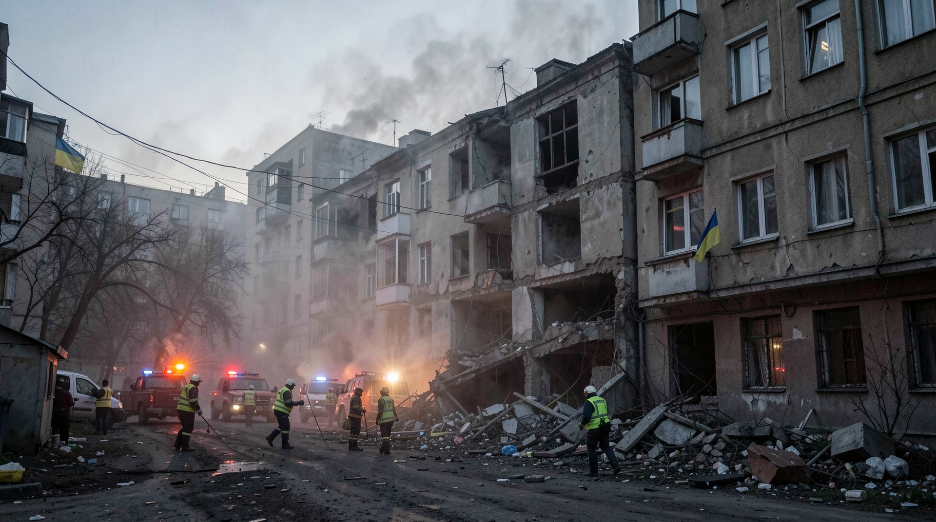 First responders work amid the smoking rubble of a Kyiv residential building at dawn, with floors collapsed and rescue lights playing on the dust.