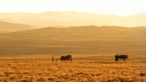An aerial-style view of a bison herd grazing on rolling Western prairie land at dawn, fence posts running along the ridge line, no people in frame.