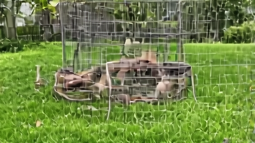A small backyard chicken coop on a Sunday morning lawn with a young duck visible inside the wire run, a child's wooden step stool beside it.