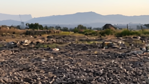 A burned MSF tent at a temporary Ebola treatment site in eastern DRC, gravel surface, charred fabric and frame fragments at the foreground, mountains in the haze beyond