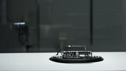 A wafer-scale semiconductor module on a polished black table inside a dim, empty engineering lab, no people, no logos.