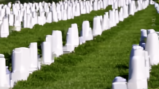 A stretch of white marble headstones at Arlington National Cemetery on the morning after Flags-In, each headstone with a small American flag set in the grass at its base