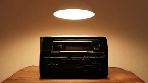 A vintage 1980 RKO Radio reel-to-reel recorder on a wooden table inside an empty room with a single overhead lamp, no people.