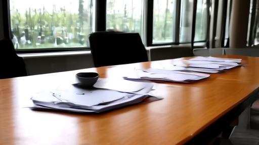 A Sunday-afternoon view of an empty M&A boutique conference table on Park Avenue with printed term sheets in three stacks and dimmed overhead lights.