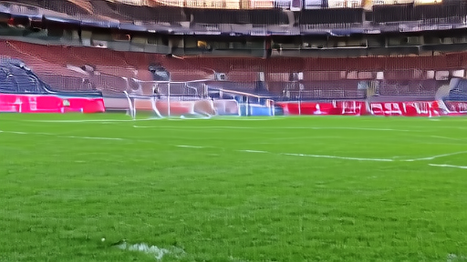 An empty NRG Stadium pitch in Houston on a Sunday afternoon with FIFA World Cup signage being installed at the goal mouth.