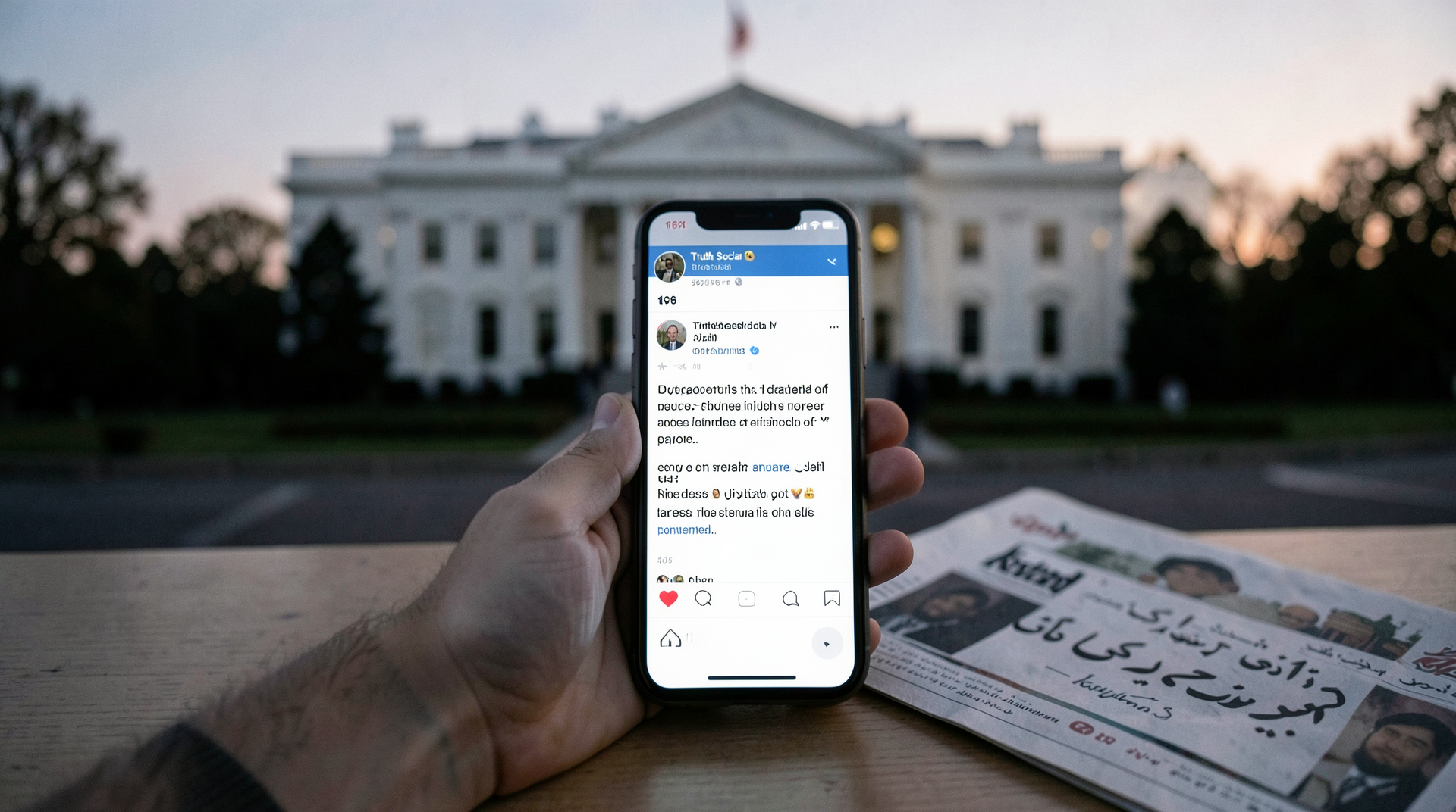 A Truth Social post in close-up against a White House background, with overlapping Iranian newspaper headlines in Farsi visible at the edges of the frame.