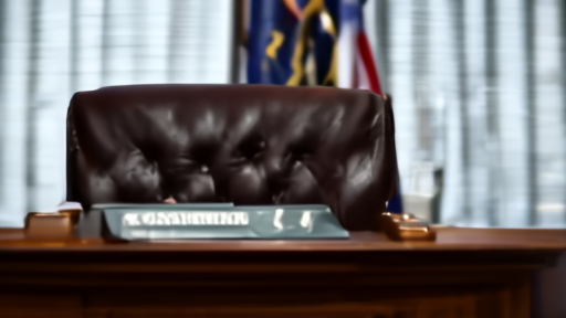 An empty leather chair behind a Director of National Intelligence office nameplate, dim overhead lighting, no people.