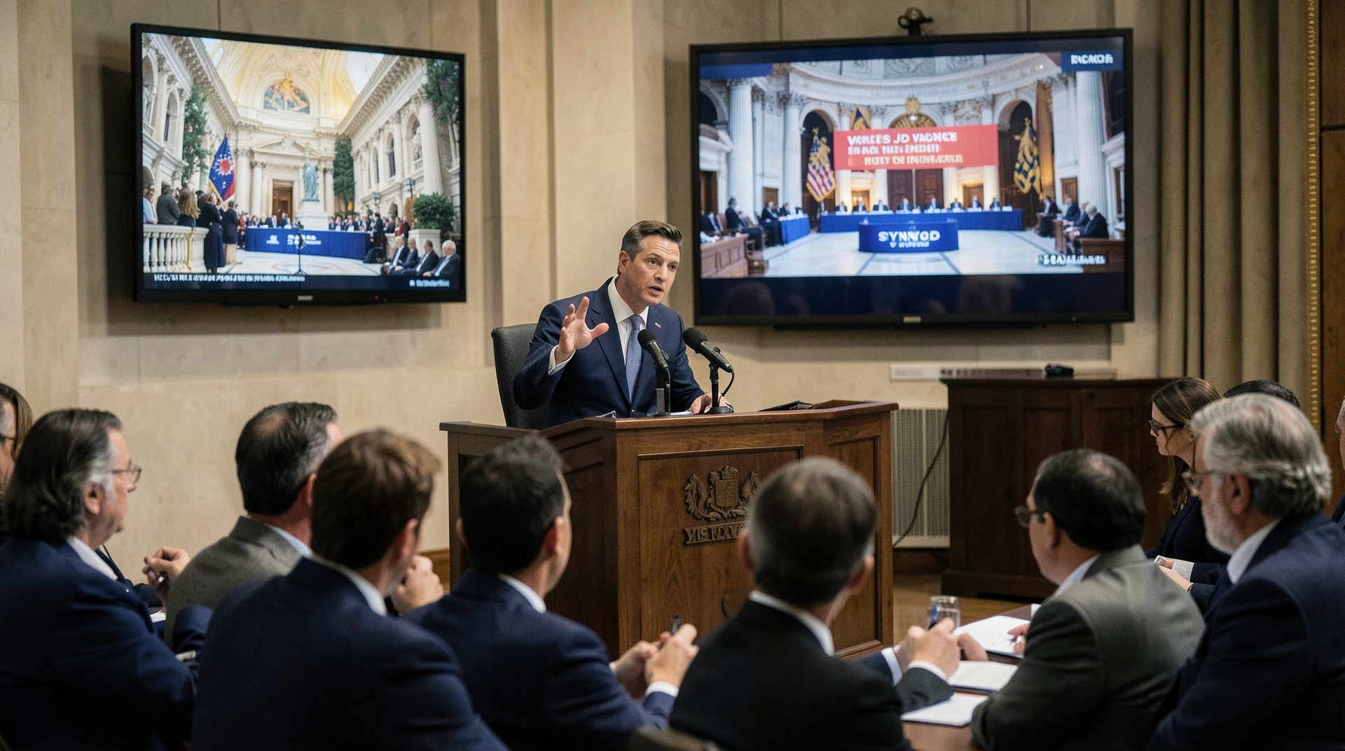 Vice President JD Vance speaks at a White House briefing podium with reporters in the foreground; the Vatican's curtained press hall is visible in a wall monitor.