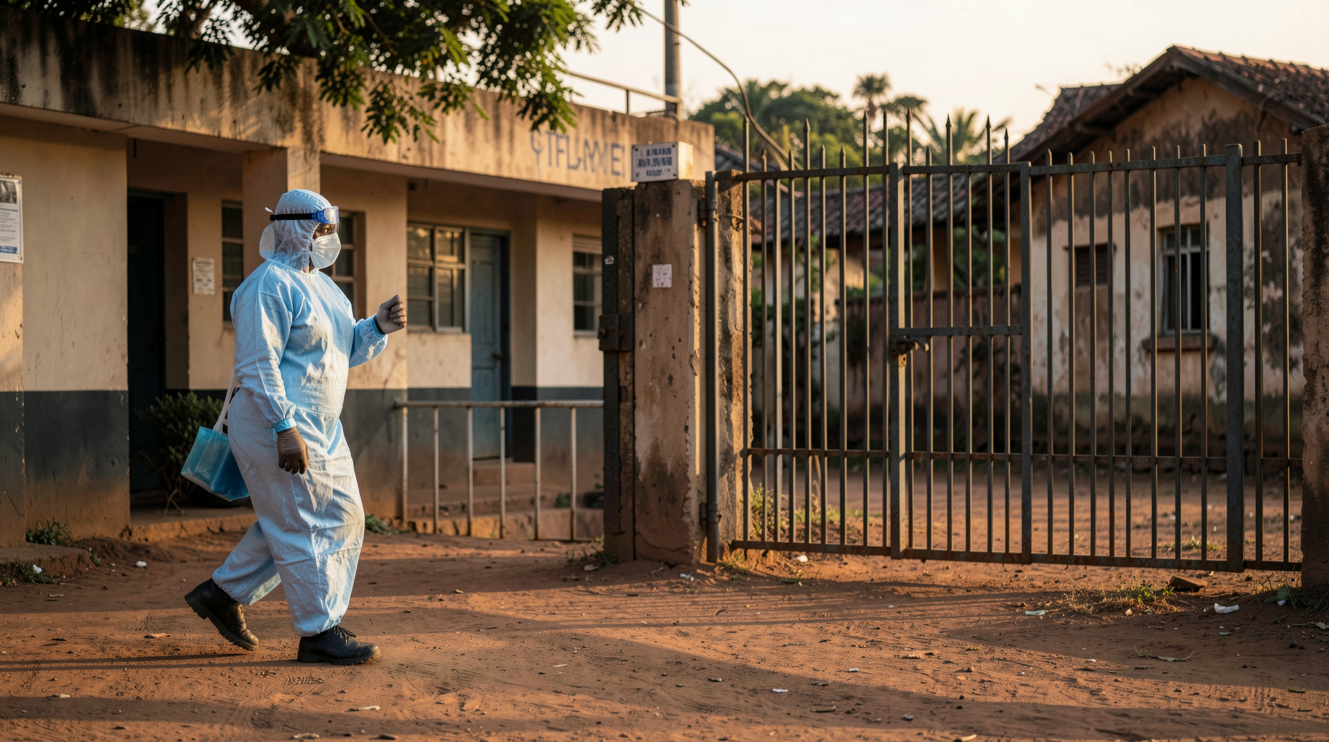 A Ugandan health worker in personal protective equipment walks past a closed and locked clinic gate in late afternoon light