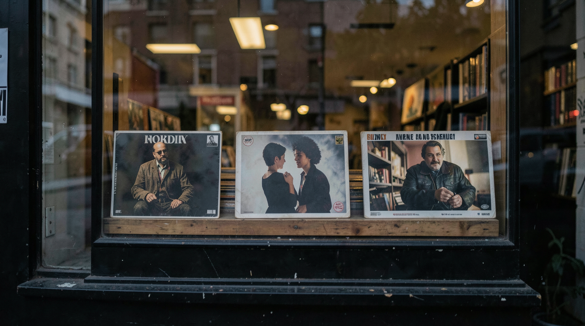 An empty record store window with three abstract album displays staged in a row at dusk, no identifiable artist imagery, soft reflections from the street
