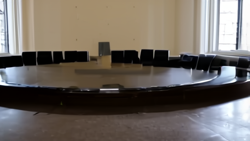 Europa Building meeting room with the empty round table of the EU Foreign Affairs Council, name placards facing the dais, midday Brussels light through tall windows.