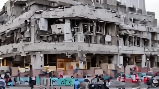 Damaged upper floor of Hiram hospital in Tyre with shattered glass and medical staff carrying supplies past, late afternoon light.