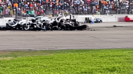 Track workers attending to a damaged IndyCar against the wall at Indianapolis Motor Speedway under afternoon shadow.