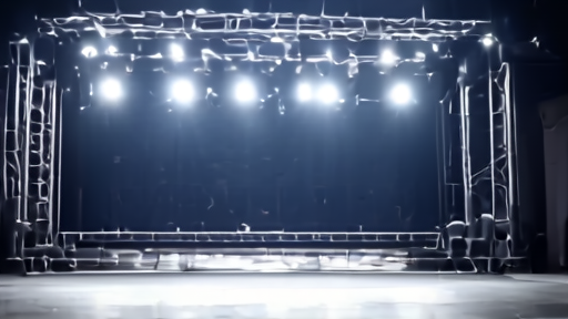An empty Eurovision-style staging shell inside a Budapest production hall, lights dark.