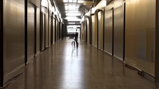 Empty multiplex theater hallway with closed doors and a single janitor with a cart, late-afternoon light through skylight.