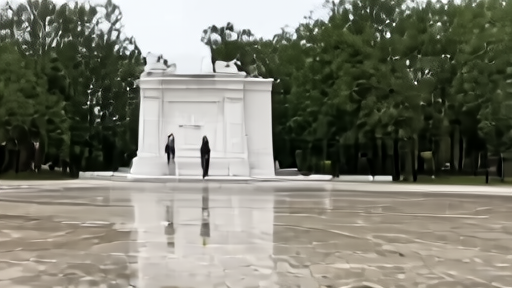 A rainy Monday morning at the Tomb of the Unknown Soldier in Arlington with a soldier in dress uniform standing at attention, droplets visible on the marble plaza.