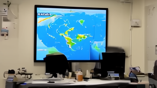 A National Hurricane Center forecaster at a workstation on Monday morning of Memorial Day with the wall map of the Atlantic basin showing no tropical disturbances and a second monitor showing the 7-day empty outlook.