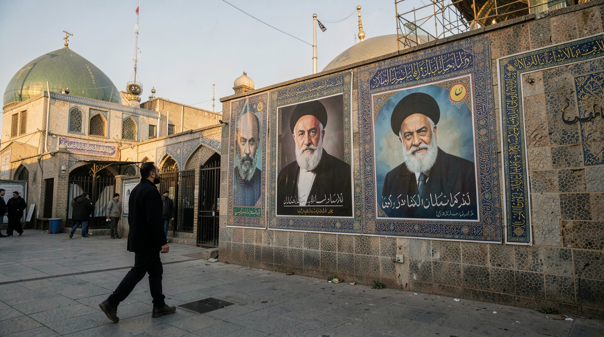A man walks past wall portraits of three Iranian supreme leaders in Tehran, with Mojtaba Khamenei on the right beside his father Ali Khamenei and Ruhollah Khomeini