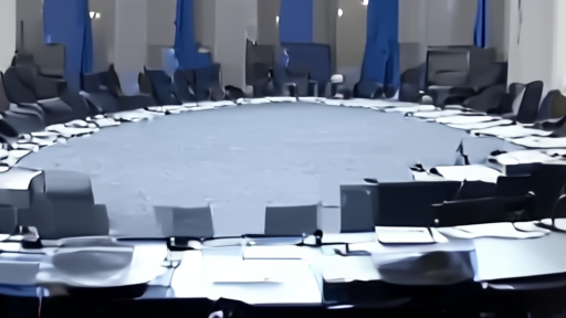 An empty NATO consultation room with the round table set for the North Atlantic Council, name placards facing inward, no delegations seated, midday institutional light.