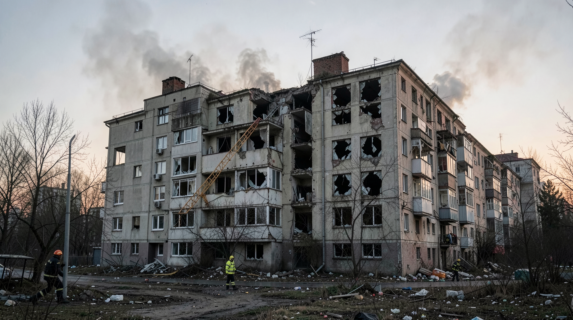 A man carries a box from a burning trade center building after a Russian missile strike on Kyiv at dawn, smoke rising into a grey sky