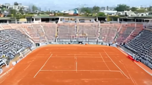 Court Philippe-Chatrier from above with the clay red and empty late-afternoon seats and a single ballperson visible.