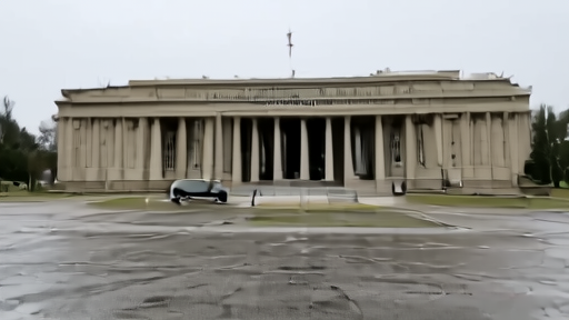 A view of the Robert F. Kennedy Justice Department building exterior on Memorial Day Monday morning, federal flag at half-staff, the front plaza empty in light rain.