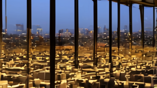 A large open-plan professional-services floor in midtown Manhattan at dusk, rows of identical workstations facing windows lit with the city skyline, screens dark.