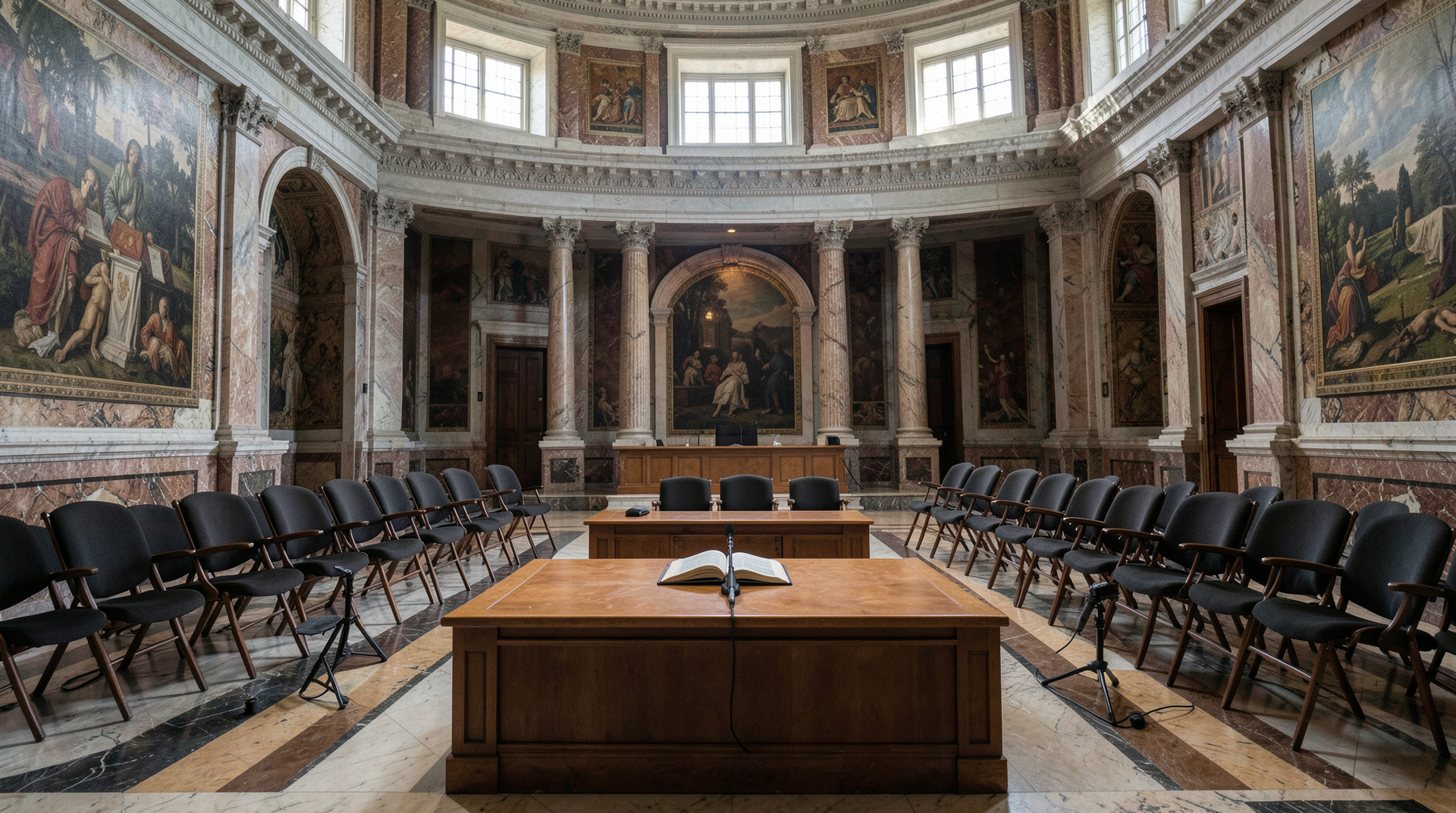 An empty rostrum in the Vatican's Synod Hall with a single microphone and a closed book under high natural light, press chairs arranged in rows below