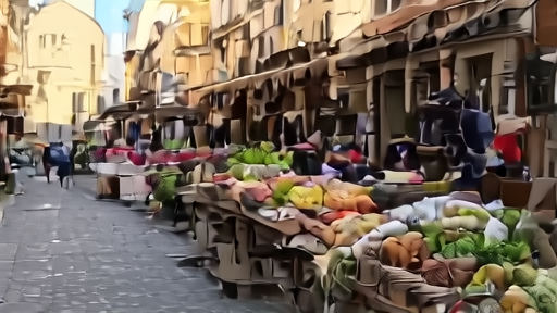 An archival image of an Italian outdoor market in Piedmont with farmers selling local cheese and produce from small stalls, no people in foreground, warm afternoon light.