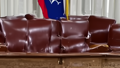 Empty Senate chamber chairs on Memorial Day with American flags lowered to half-staff visible through window.