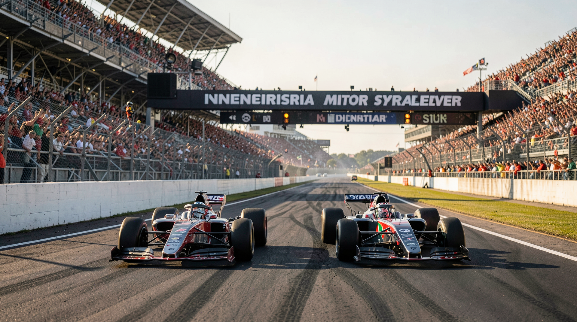 Two Indy 500 cars cross the finish line at the Yard of Bricks nose to nose with rain-darkened sky and grandstands behind