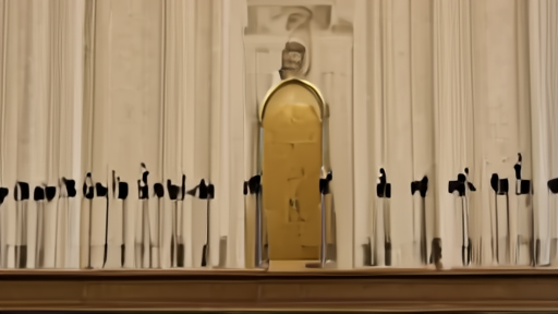 The Vatican Synod Hall set for a press conference, an empty long dais with five name placards and a microphone array, indirect overhead light, no people.