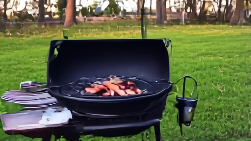 A Memorial Day afternoon view of a backyard charcoal grill in a Midwestern American backyard, burgers and hot dogs cooking, a meat thermometer on a side table, no people.