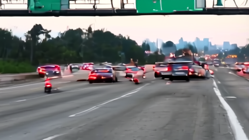 An evening Memorial Day backup on a multi-lane interstate, brake lights stretching toward the horizon and a Highway Patrol cruiser parked on the shoulder.