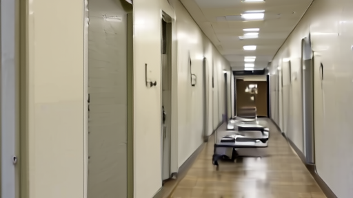 An NIH Bethesda laboratory hallway on Memorial Day Monday morning with closed office doors and no foot traffic.
