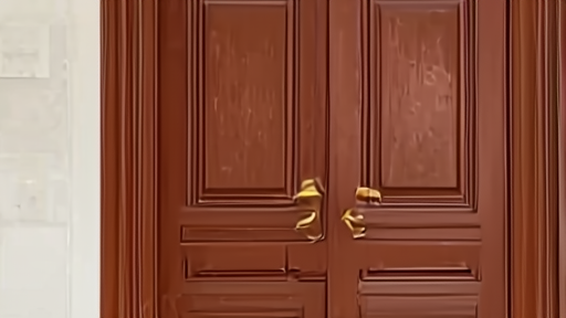 A closed wooden door in the Pakistan Ministry of Foreign Affairs in Islamabad, mid-morning sunlight on polished floor, no people.